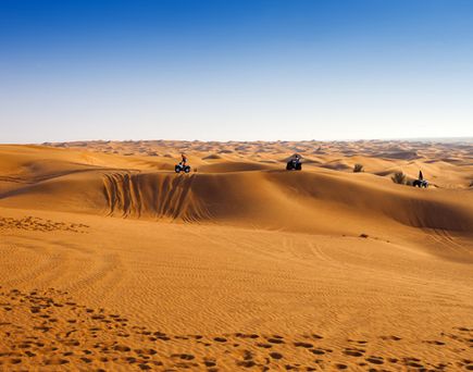 Abenteuerlustige Reisende fahren mit Quads über die endlosen Dünen einer goldgelben Wüstenlandschaft unter strahlend blauem Himmel.