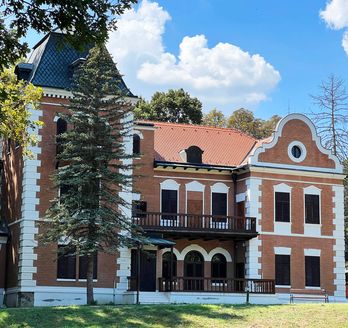 Eine Burg oder ein Schloss mit roten Dächern und Türmen.