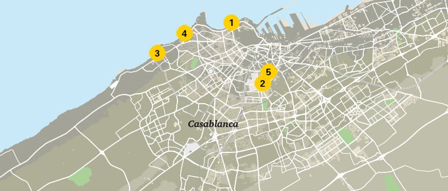 Eine Karte von Casablanca, Marokko, mit eingezeichneten Sehenswürdigkeiten.