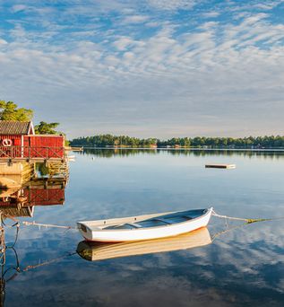 Ein Ruderboot liegt am Ufer eines Sees, umgeben von Bäumen.