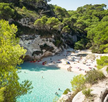 Eine Bucht mit Sandstrand und türkisblauem Wasser, umgeben von grüner Vegetation.