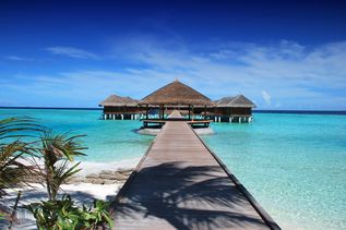 Ein Holzsteg welcher zu 3 Wasserbungalows auf den Malediven führt, inmitten des türkis-blauen Wassers. Palmenzweig am Steg.