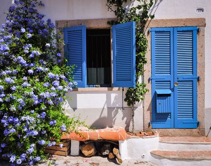 Eine enge Gasse mit bunten Türen und Blumentöpfen.