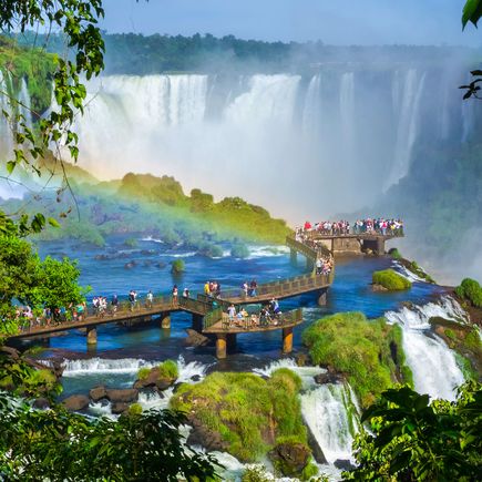 Majestätische Iguazú-Wasserfälle in Argentinien, die in mehreren Kaskaden über eine breite Felswand in einen Fluss stürzen und von üppigem Grün umgeben sind.