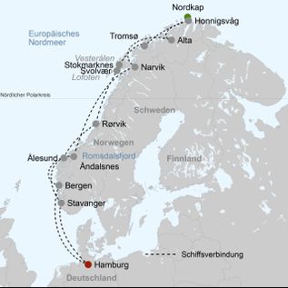 Karte mit Schiffs-Route ab Hamburg, die Küste hoch bis zum Nordkap