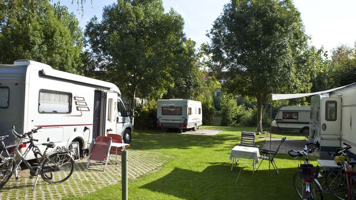 Weißer Campervan steht auf einem grünen Campingplatz, umgeben von Bäumen und Rasen.