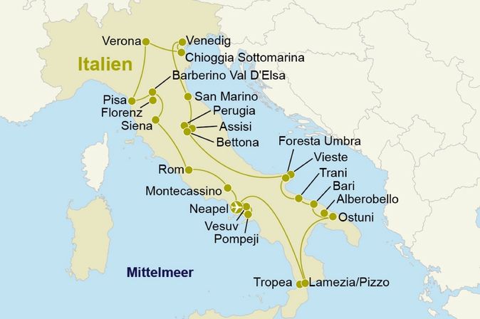  Karte von Italien mit Reiseroute Eine Karte von Italien, die eine Reiseroute von Venedig nach Capri darstellt, mit Städten und Inseln, die durch Linien verbunden sind.