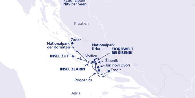 Eine Karte der kroatischen Küste mit eingezeichneten Routen und Inseln.