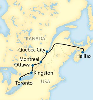 LAndkarte der Route von HAlifax nach Toronto mit derm Zug