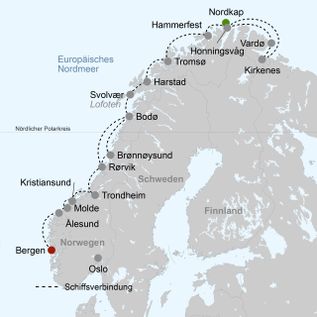 Karte mit Schiffs-Route von Bergen über, Alesund, Molde, Harstad zum Nordkap