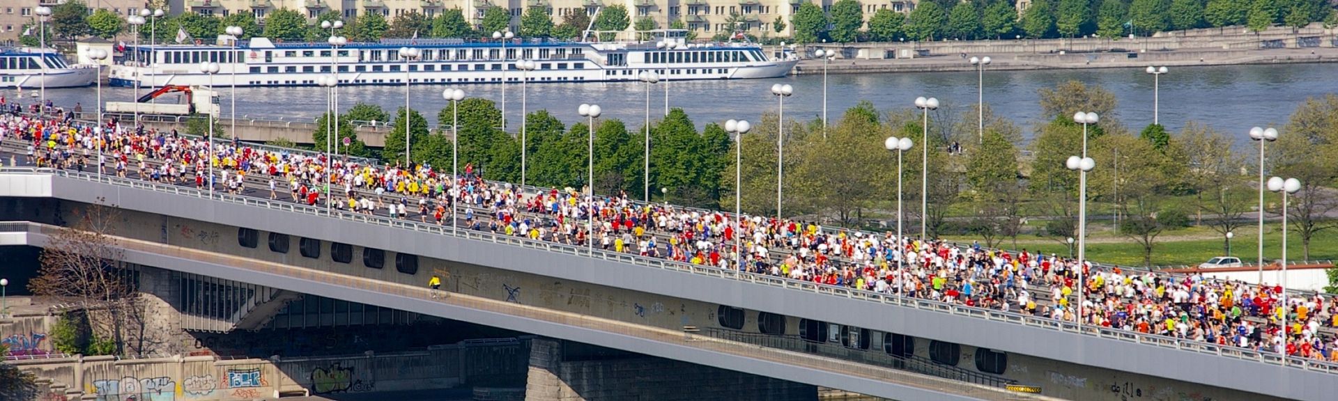 Bliecl über Wien. Auf der Brücke sieht man die Marathonläufer