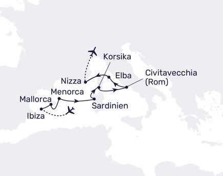 Routenkarte der Kreuzfahrt von MAllorca nach Elba über Menorca, Sardinien und Korsika