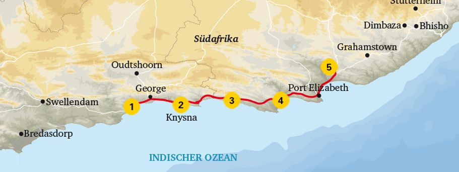 Karte der Garden Route in Südafrika