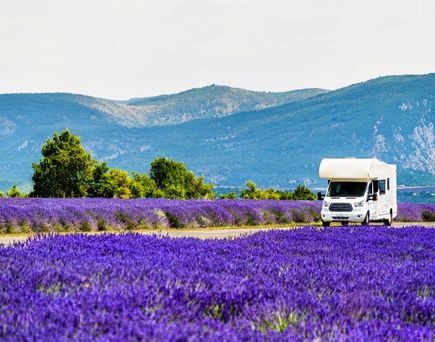 Ein weißer Campervan parkt in einem leuchtenden Lavendelfeld in Frankreich, blauer Himmel.