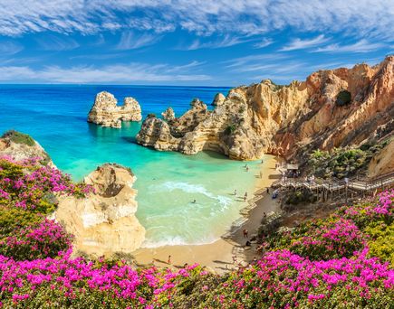 Bucht an der Algarve, Blick über bunte Vegetation auf das blaue Meer
