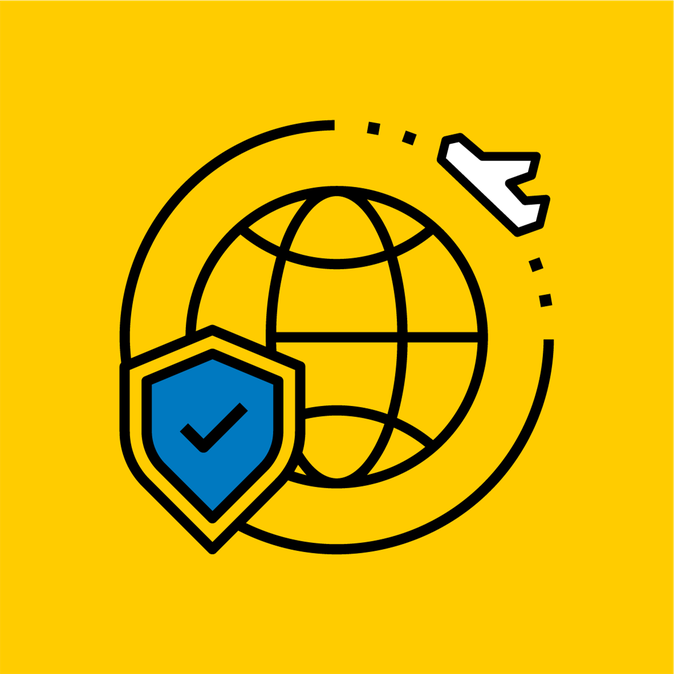Ein gelbes Symbol, das einen Globus mit einem Schutzschild darstellt, daneben der Schriftzug "Travel Risk Management" in schwarzer Schrift.