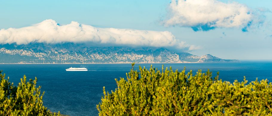 Eine Landschaft mit einem weiten Gewässer und einer Küstenlinie, umgeben von grünen Hügeln unter einem blauen Himmel. Ein Schiff ist in der Ferne zu sehen.