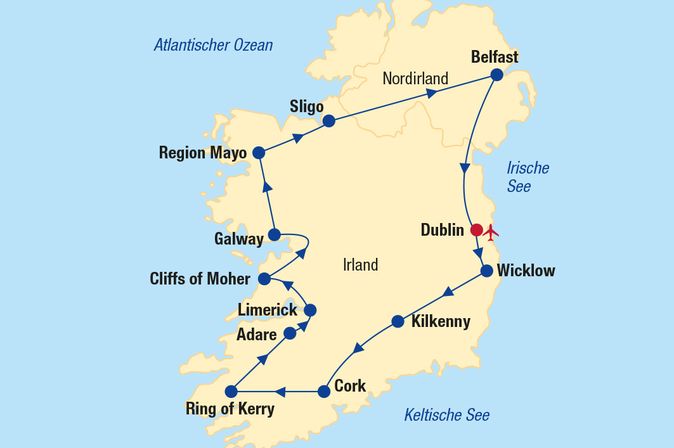 Eine Karte von Irland mit einer eingezeichneten Reiseroute, die verschiedene Städte und Sehenswürdigkeiten miteinander verbindet.