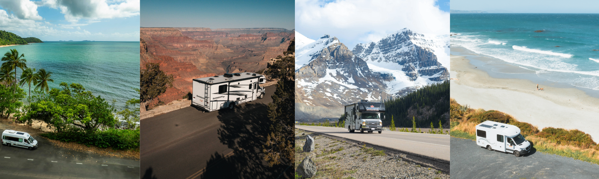 Kollage aus 4 Bildern, Camper an straße mit Palmen und am Meer, Camper auf der Straße in USA mit braunen Felsen im Hintergrund, Camper auf der Straße mit Schneebergen im Hintergrund, Camper auf Straße an einem Strand
