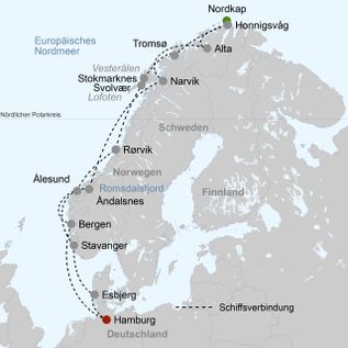 Karte mit Schiffs-Route ab Hamburg, die Küste hoch bis zum Nordkap