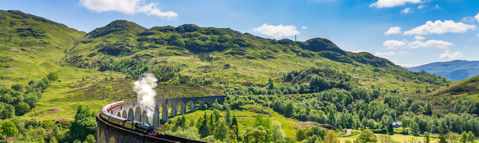 Das ikonische Glenfinnan Viadukt, auch bekannt als "Harry Potter Brücke", erstreckt sich elegant über ein grünes Tal in Schottland, umgeben von Bäumen und einem weiten, bewölkten Himmel.