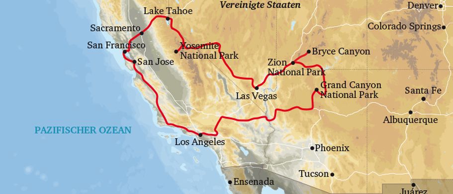 Karte Best-of-the-West-Rundreise USA