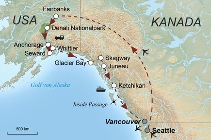 Karte mit Route der Reise