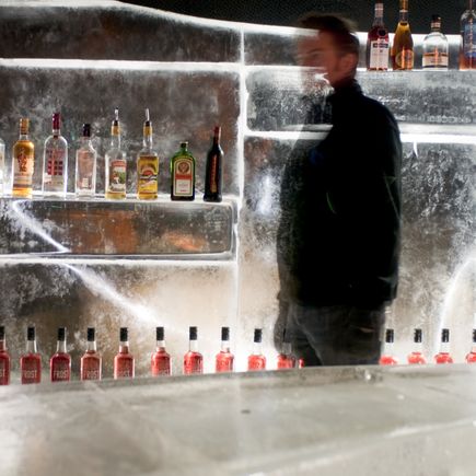  Tresen, Gläser, Regal und Tische – alles aus Eis in der Magic Ice Bar in Svolvær 