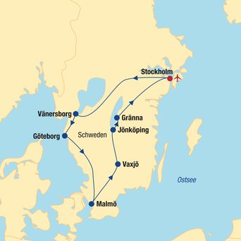 Rundreise durch Schweden mit Ankunft und Abflug in Stockholm. Es geht von Norden nach Süden bis Malmö und zurück.