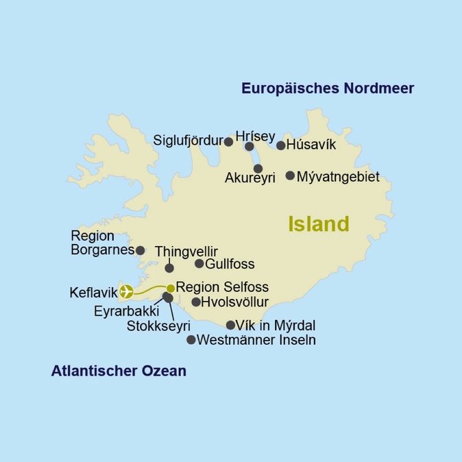 Eine Karte von Island mit einigen Städtenamen und einer eingezeichneten Reiseroute, die verschiedene Orte auf der Insel verbindet.