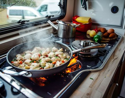 Eine Pfanne mit Speisen auf einem Herd in einem Camper Van.