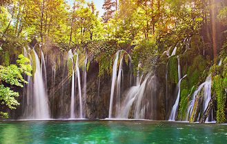 Ein Fluss, der sich durch eine grüne Landschaft schlängelt.