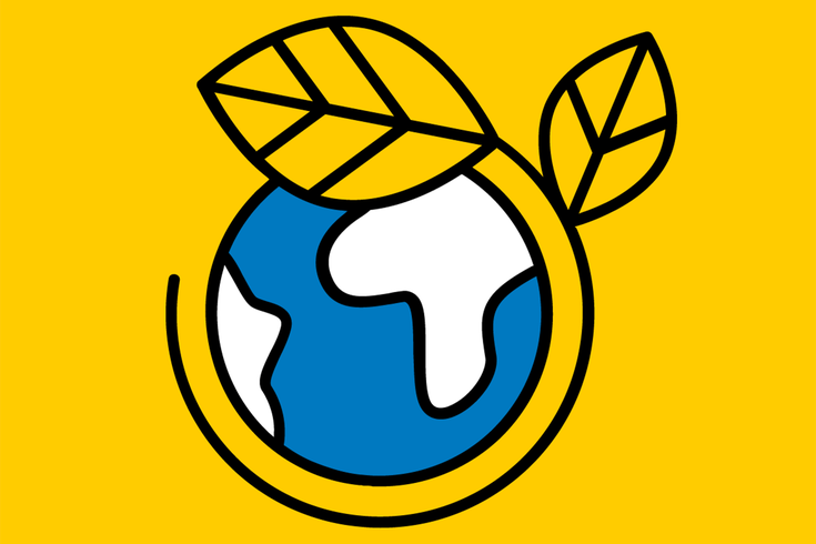 Ein gelbes Symbol, das ein Blatt und einen Pfeil darstellt, der eine Spirale bildet, daneben der Schriftzug "Nachhaltigkeit" in schwarzer Schrift.