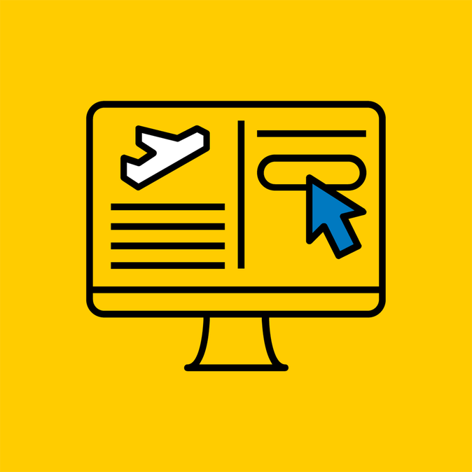 Ein gelbes Symbol, das ein aufgeschlagenes Buch mit einem Flugzeug darauf darstellt, daneben der Schriftzug "Online Booking Engines (OBE)" in schwarzer Schrift.