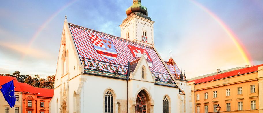 Zagreb Kroatien Städtereise Urlaub St. Mark Kirche mit Regenbogen