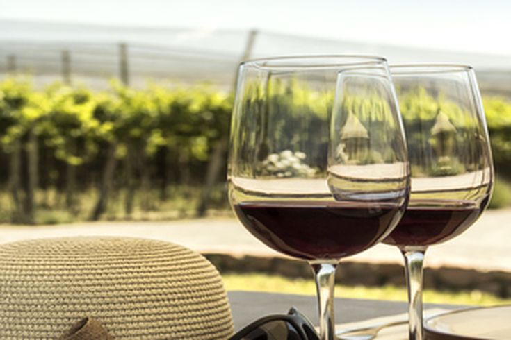 Ein Glas Rotwein auf einem Tisch in einem Weinberg.