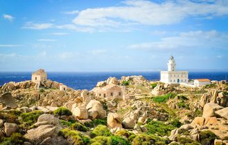 Eine Küstenstadt mit Gebäuden auf einem Hügel.