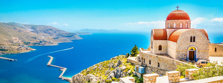 Familienurlaub Cluburlaub Kloster und Blick übers Meer auf Kreta