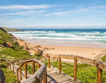 Eine weite Küstenlandschaft des Robberg Nature Reserve in Südafrika, mit zerklüfteten Klippen und dem blauen Ozean.