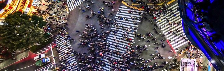 Shibuya-Kreuzung aus der Vogelperspektive bei Nacht – Die ikonische Shibuya-Kreuzung in Tokio wirkt aus der Höhe wie ein bewegtes Kunstwerk aus Menschenströmen.