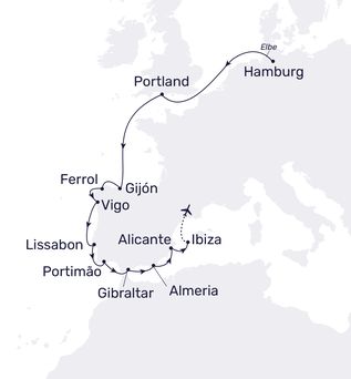 Landkarte der Route: Hamburg – Großbritannien – Spanien – Portugal –  Spanien – Ibiza
