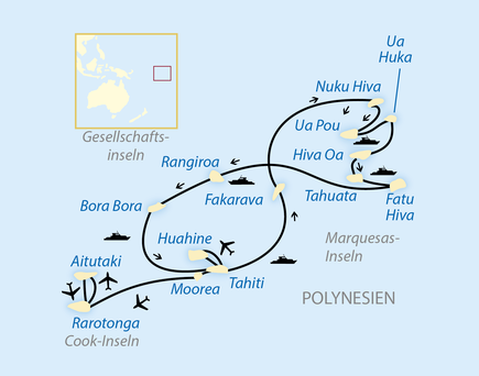 Eine Karte von Französisch-Polynesien mit eingezeichneten Reiserouten.