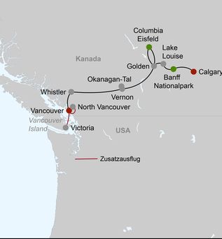 Landkarte Vancouver bis Calgary der Rundreise Abenteuer Westkanada von DER Tour
