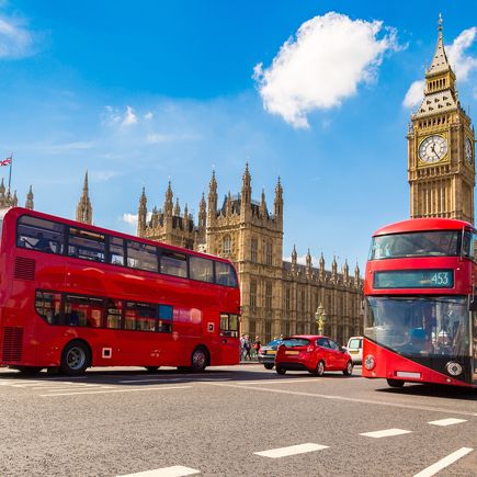 Big Ben, Westminster Bridge, red bus in London