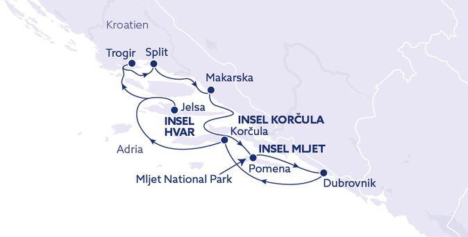 Eine Karte mit Routen und Städten entlang der kroatischen Küste.  Sources