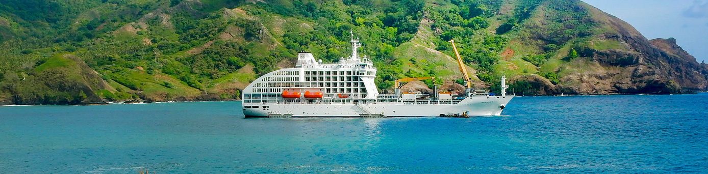 Ein Kreuzfahrtschiff fährt auf dem Wasser, mit einer Insel und Bergen im Hintergrund.