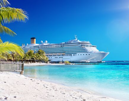 Kreuzfahrtschiff in der Karibik Links im Bild Palmen, rechts das Meer