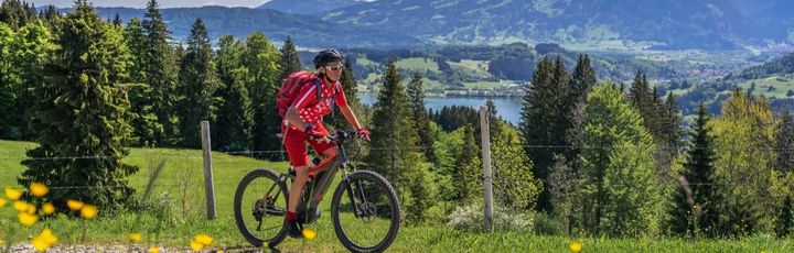 Zwei Mountainbiker fahren auf einem Weg durch eine bergige Landschaft.