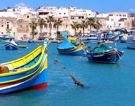 Bunte Boote im Hafen von Malta mit Gebäuden und Palmen im Hintergrund