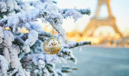 Blick vorbei an verschneiten Tannen auf den Eiffelturm